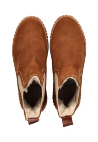 Braune Wildleder-Ankle Boots mit elastischen Seitenteilen und einer strukturierten Gummisohle. Das Innenfutter besteht aus einem hellen Fleece, das für Wärme sorgt.