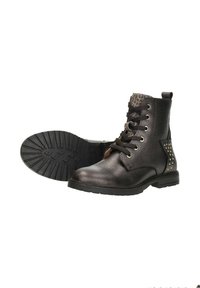 Bruine leren enkellaarzen met veters, met een gestructureerde afwerking en gestikte accenten. Rubberen zool met een patroon voor grip.