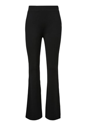 Zwarte flared broek gemaakt van rekbaar materiaal, met een hoge tailleband en subtiele logodetail nabij de heup. Glad textuur over het hele oppervlak.