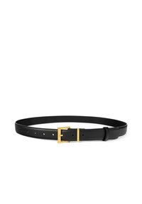 Zwarte lederen riem met een gouden metalen gesp en verstelbare pin. Bevat gelijkmatig verdeelde gaten langs de riem voor maataanpassingen.