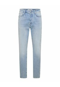 Lichtblauwe denim jeans met hoge taille, rechte pijpen, voorste knoop- en ritssluiting en vijfzakkenontwerp.