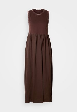 Pruun pika varrukateta kleit ümarate kaelustega, kogutud vöökohaga ja õmbluste juures õrnalt valgete õmblustega. Pehme puuvillane materjal.