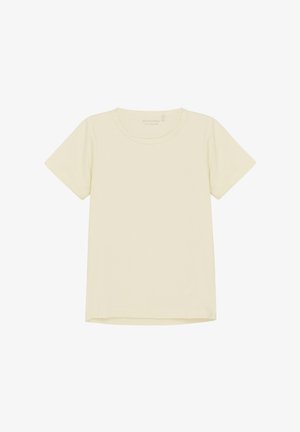 Krátky rukáv, tričko s okrúhlym výstrihom v svetlosti žltej farbe, vyrobené z jemnej bavlny. Má rovný lem a minimalistický dizajn bez vzorov alebo akcentov.