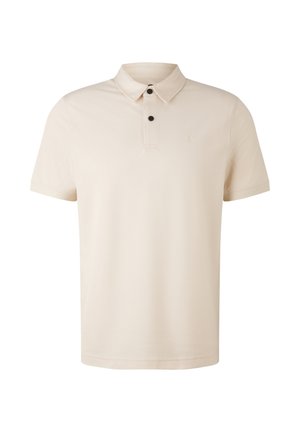 Beige poloshirt van zachte stof, met een kraag, korte mouwen, een knoopsluiting met twee knopen en een klein logo op de borst.