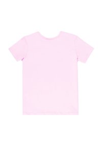 T-shirt in cotone rosa chiaro, maniche corte, scollatura rotonda, texture liscia, design semplice, senza stampa o decorazioni visibili sul retro.