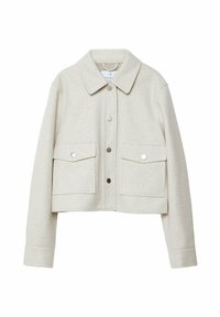 Hellbeige cropped Wolljacke mit langen Ärmeln, breitem Kragen, Druckknopfverschluss und zwei vorderen Klappentaschen mit metallic Knöpfen.