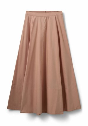 Beige A-Linien-Midirock mit tailliertem Bund und dezenten Falten, aus glattem, leichtem Stoff gefertigt.