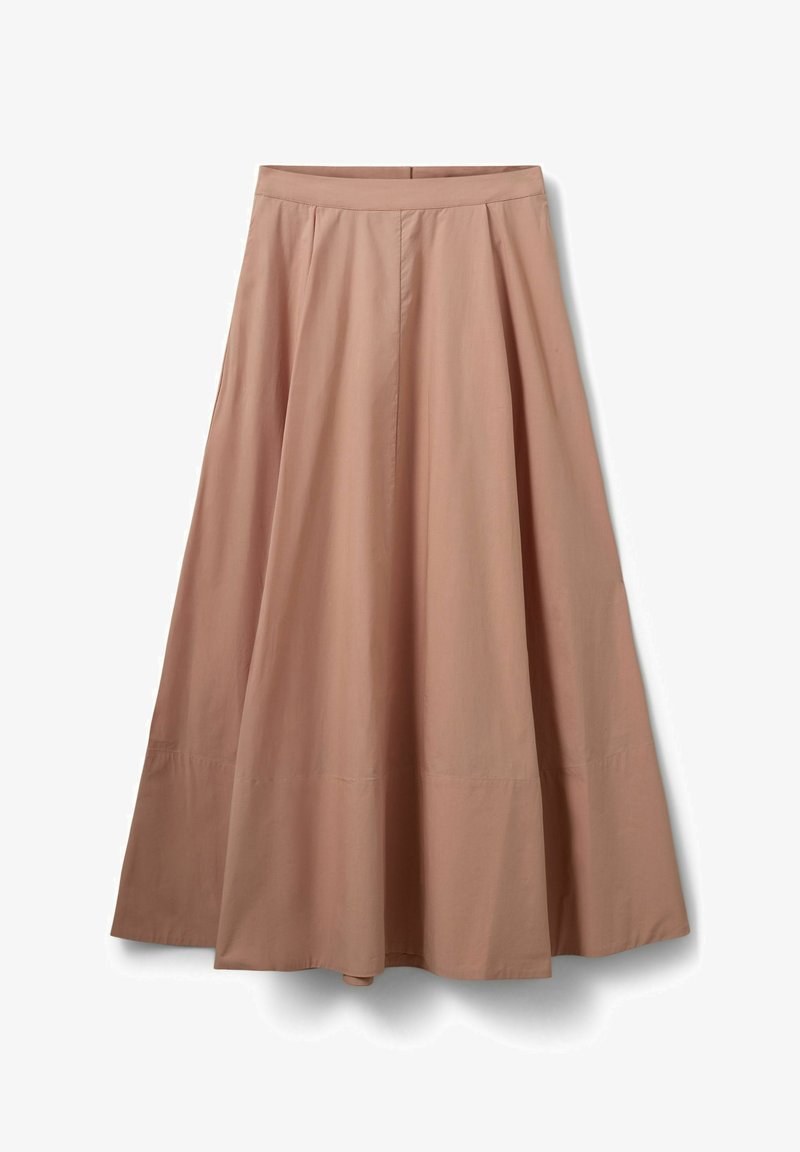 Jupe midi beige en ligne A avec une taille ajustée et de subtiles plis, réalisée en tissu lisse et léger.