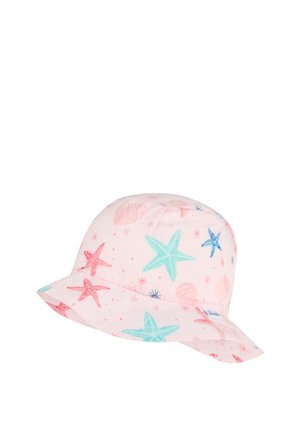 Pink bucket hat with red, teal, and blue starfish and shell patterns, featuring a small brand tag on the brim's edge.