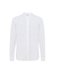 Camicia bianca a maniche lunghe con collo alla coreana, chiusura con bottoni sul davanti e tessuto morbido. Design semplice senza motivi o decorazioni.