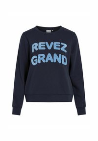 Tamsiai mėlynas džemperis su apvaliu kaklu, ilgomis rankovėmis ir tekstūruotomis šviesiai mėlynomis raidėmis "REVEZ GRAND" priekyje. Medvilnės ir sintetikos mišinys.
