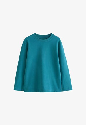 Ensfarvet teal langærmet crewneck-shirt med ribbet krave, vist på en hvid baggrund.