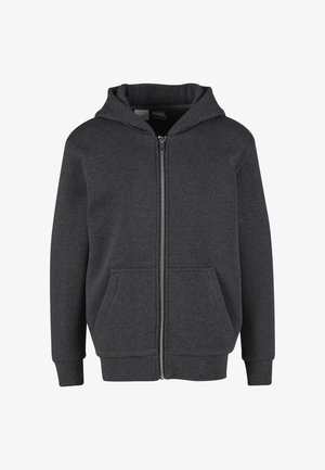 Dunkelgrauer Kapuzenpullover mit Reißverschluss, Fronttaschen, gerippten Bündchen und Saum sowie einer angenähten Kapuze.