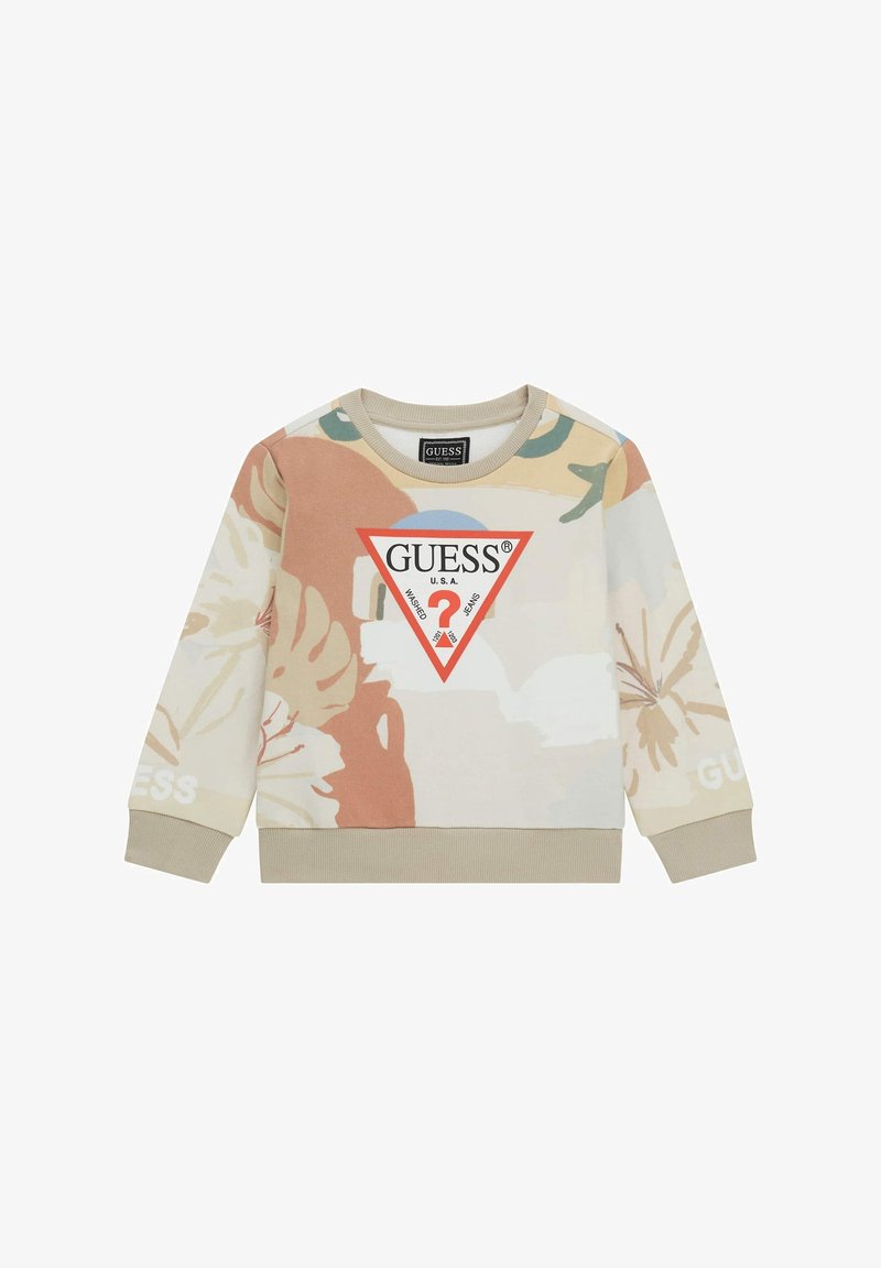 Felpa stampata con una miscela di colori pastello e un motivo floreale. Logo centrale a triangolo rosso con "GUESS" e "U.S.A." in evidenza.