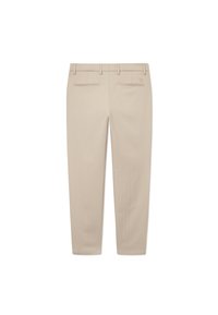 Beige dress trousers with a slim fit, featuring two back pockets and subtle pinstripe texture. Made from smooth fabric, tailored design.