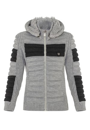 Sudadera con capucha de punto gris, con un cuerpo texturizado y rayas horizontales negras en contraste. Presenta un cierre de cremallera en la parte delantera y puños acanalados.