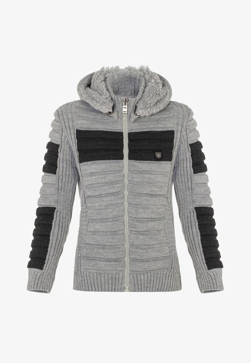 Sudadera con capucha de punto gris, con un cuerpo texturizado y rayas horizontales negras en contraste. Presenta un cierre de cremallera en la parte delantera y puños acanalados.