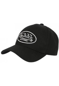 Casquette de baseball en coton noir avec un logo ovale brodé blanc portant la mention "Von Dutch CALIFORNIA." Le design comprend une visière courbée.