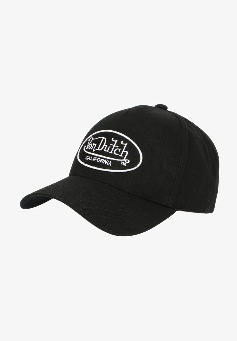 Gorra de béisbol de algodón negra con un logotipo ovalado bordado en blanco que dice "Von Dutch CALIFORNIA." El diseño incluye un visera curva.