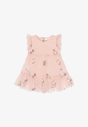 Vestido rosa sin mangas para bebé con hombros fruncidos y patrones bordados de conchas marinas y estrellas de mar en la falda y el corpiño de tul.