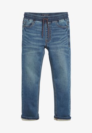 Pantalons jogger en denim bleu foncé avec une taille élastique, un cordon de serrage, cinq poches et un ourlet roulé. Le tissu présente une légère décoloration et une texture.