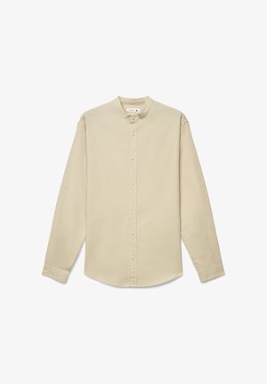 Camicia a maniche lunghe color beige chiaro in tessuto strutturato, con colletto alla coreana, abbottonatura frontale e dettaglio sottile sui polsini.