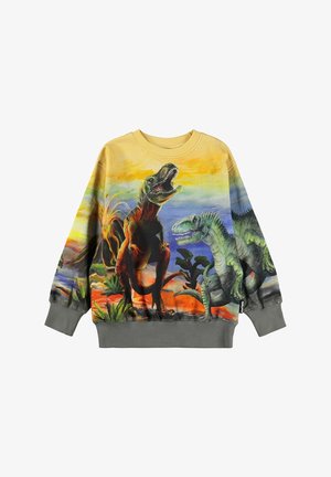 Fleece-sweatshirt med livlige dinosaurtryk i grøn og brun mod en solnedgangsbagtgrund. Grå ribstrikkede manchetter og kant. Farverigt design.