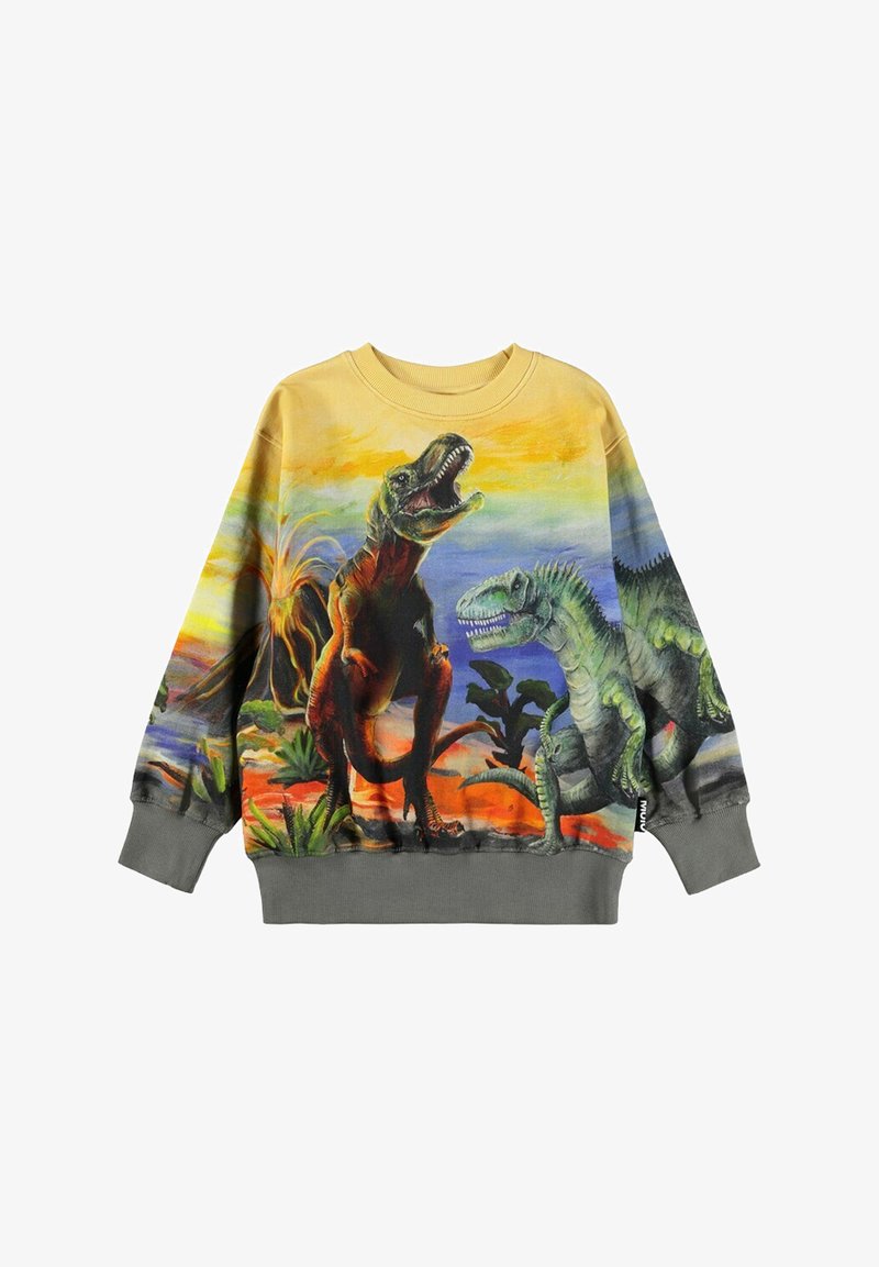 Sudadera de forro polar con estampados vibrantes de dinosaurios en verde y marrón sobre un fondo de atardecer. Puños y dobladillo acanalados en gris. Diseño colorido.
