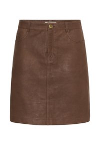 Jupe en cuir marron avec une texture lisse, dotée d'une fermeture à boutons à l'avant, de deux poches latérales et de coutures décoratives le long des coutures.