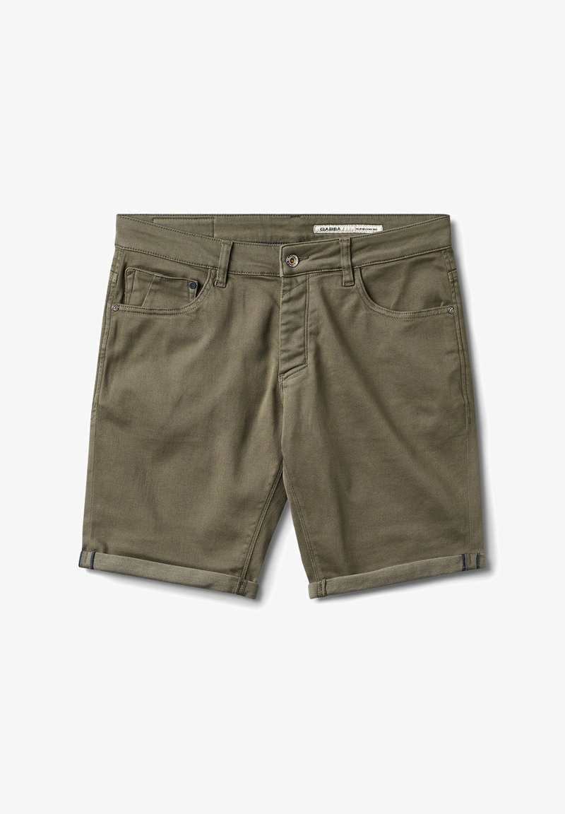 Maslinasto zelene kratke hlače iz bombažnega mešanega blaga, z gumbom spredaj, več žepi in zavihanimi robovi s kontrastnim šivom.