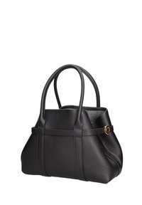 Borsa a mano in pelle nera con finitura testurizzata, dotata di due manici arrotondati e un dettaglio in metallo color oro su un lato.