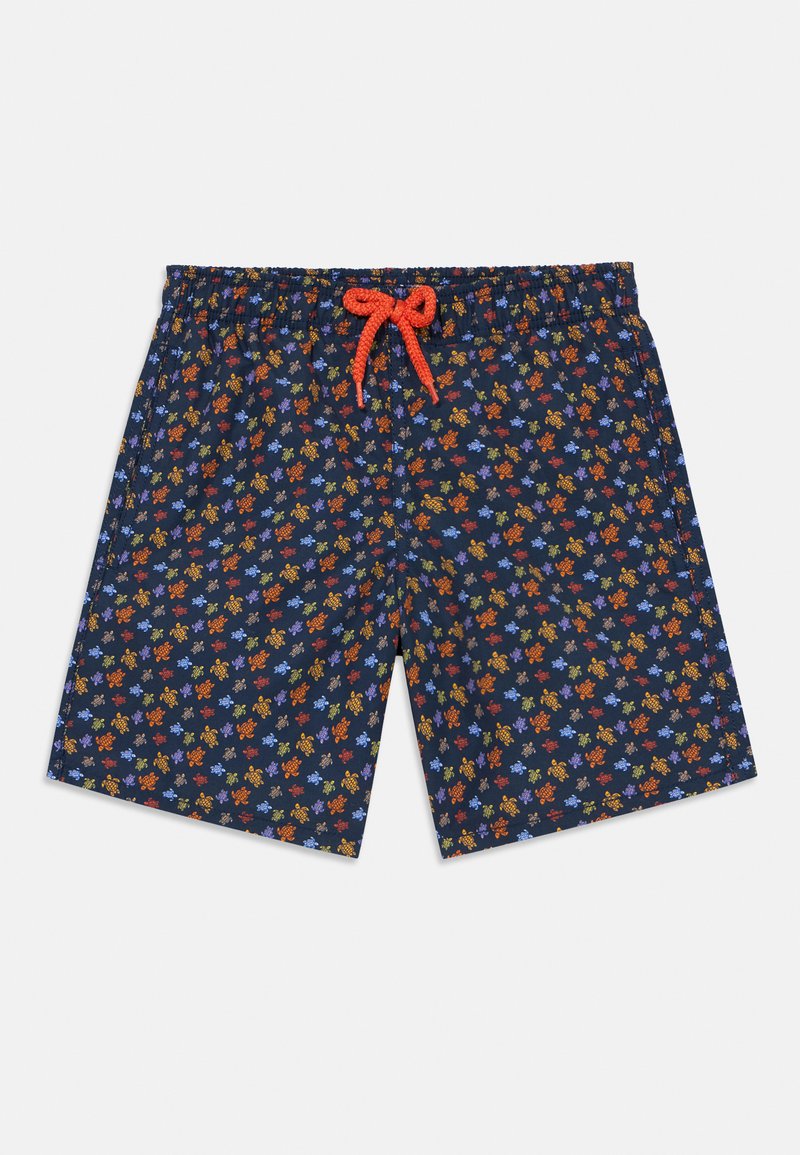 Navy swim shorts with an elastic waistband and orange drawstring, featuring a colorful floral pattern in blue, red, and yellow.
