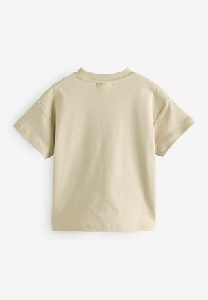 Beige Baumwoll-T-Shirt mit kurzen Ärmeln, Rundhalsausschnitt und glatter Textur. Minimalistisches Design ohne sichtbare Muster oder Logos.
