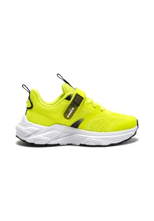 Sneaker sportiva giallo neon con linguette nere, cinturino in velcro, tomaia in mesh e suola bianca spessa.