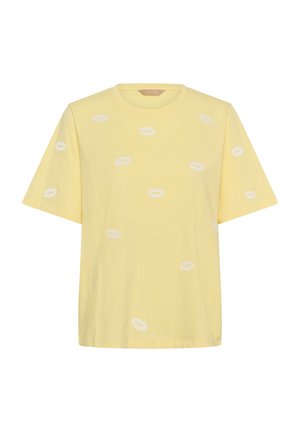 T-shirt jaune à manches courtes avec des motifs ovales blancs dispersés et un col rond, présenté sur un fond blanc uni.