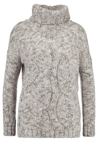 Pull gris en maille épaisse avec un col montant et des motifs torsadés texturés. Comprend des manches longues et une coupe ample.