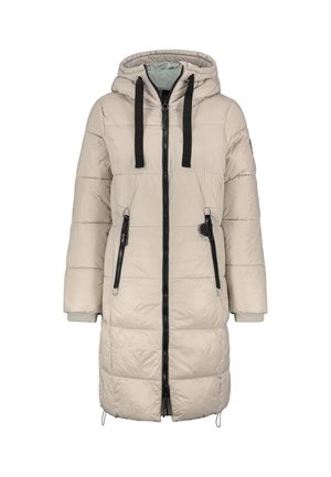 Beige puffer coat with a hood, black zipper and drawstrings, side zip pockets, and ribbed cuffs, featuring a quilted texture.