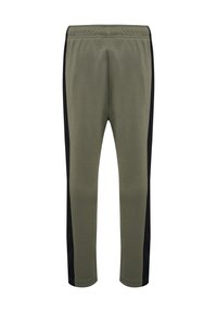 Olijfgroene broek met een zwarte zijpaneel, elastische tailleband en een gladde textuur. Voorzien van taps toelopende broekspijpen en een strak ontwerp.
