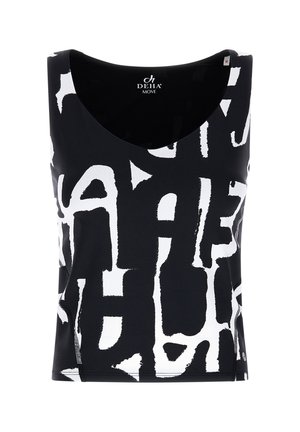 Zwarte mouwloze top met een wit abstract patroon. Gemaakt van een zachte stof met een ronde halslijn en een getailleerde pasvorm.