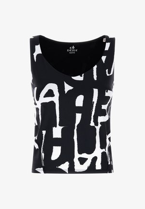 Schwarzes ärmelloses Oberteil mit einem weißen abstrakten Muster. Aus glatter Stofffüllung mit einem runden Ausschnitt und einer figurnahen Silhouette.