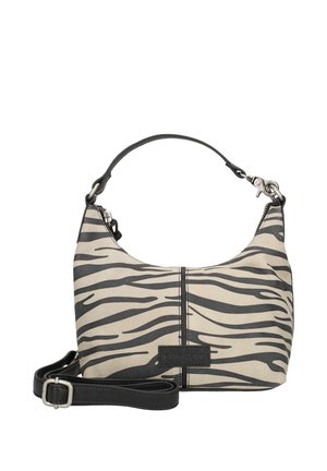 Petit sac à main à rayures zèbre noires et beiges, avec une poignée courte et une bandoulière noire détachable et réglable.