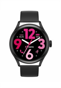 Orologio smartwatch nero con quadrante rotondo. Numeri in grassetto rosa 12, 6, 3 e 9. Il display mostra la data, lo stato della batteria e le icone delle attività. Cinturino nero.