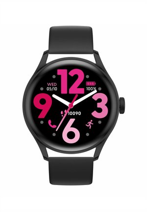 Montre intelligente noire avec un cadran rond. Gros chiffres roses pour les heures 12, 6, 3 et 9. L'écran affiche la date, l'état de la batterie et des icônes d'activité. Bracelet noir.