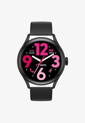 Schwarze Smartwatch mit einem runden Zifferblatt. Auffällige pinke Zahlen 12, 6, 3 und 9. Das Display zeigt das Datum, den Batteriestatus und Aktivitätssymbole an. Schwarzes Armband.