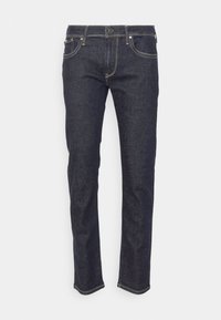 Mörkblå denimjeans med rak bendesign, med kontrastsömmar, fem fickor och knappstängning.
