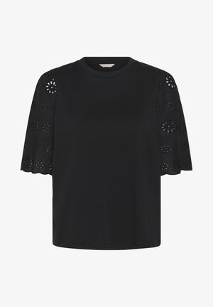 Bluza neagră cu mâneci scurte și decolteu rotund, având detalii transparente cu ochiuri florale pe mâneci și margini crestate.