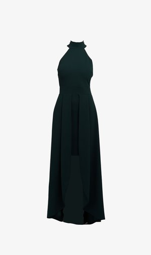 Dunkelgrünes Halfterkleid mit einem Rüschenausschnitt, tailliertem Oberteil und fließendem, plissiertem Rock, der bis zu einem knielangen asymmetrischen Saum reicht.