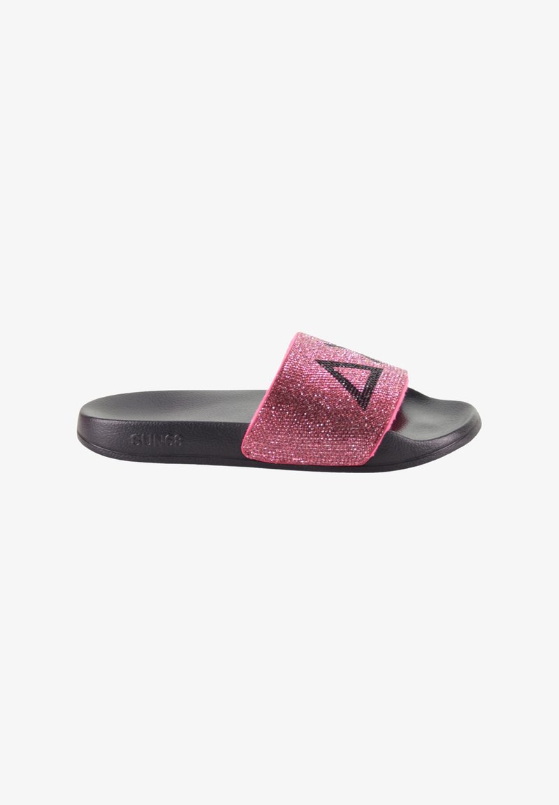 Pink slide sandal featuring a glittery strap with a triangular design, black base, and textured sole for grip.
