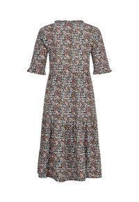Rochie midi florală cu un corset ajustat, fustă evazată și mâneci scurte cu volane. Modelul prezintă flori mici albastre, roz și albe pe un fundal negru.