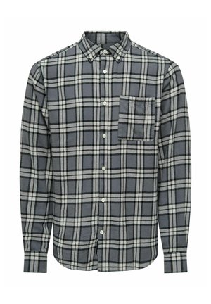 Gray and black plaid button-up shirt with long sleeves, a collar, and a single chest pocket. Made of soft fabric with a classic pattern.